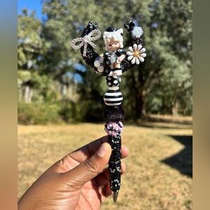 Custom Made Black Rhinestone Crescent Moon Beaded Pen with Floral Details